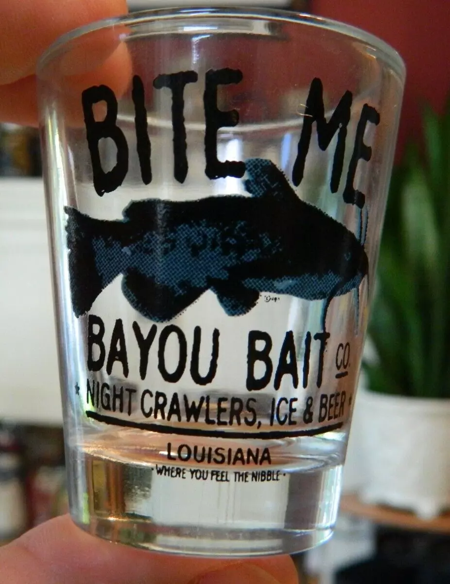 BITE ME Bayou Bait Night Crawlers Ice & Beer Louisiana Shot Glass