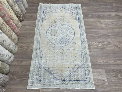 2x5 Orange Blue Turkish Vintage Oushak Runner, Kitchen, Entryway Rug, 2.5x4.6 Ft
