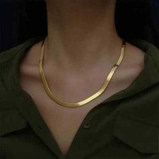 Women 925 Sterling Silver 18K Gold 4MM Flat Chain Necklace Choker Jewelry 