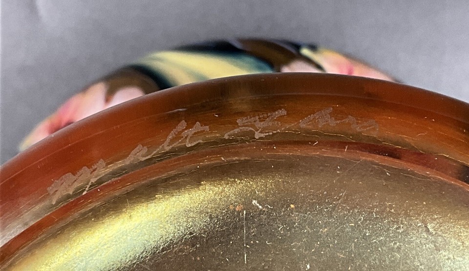 9.25” CHARLES LOTTON MULTI FLORA SPLIT LEAF SUNKISSED ORANGE ART GLASS