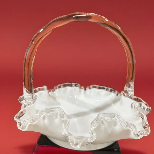 Fenton Ruffled Milk Glass Silver Crest Spanish Lace Basket 8 1/2” Diameter