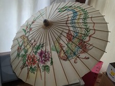Vintage Hand Made Japanese Umbrella Bamboo Paper Hand Painted Tree Butterfly's