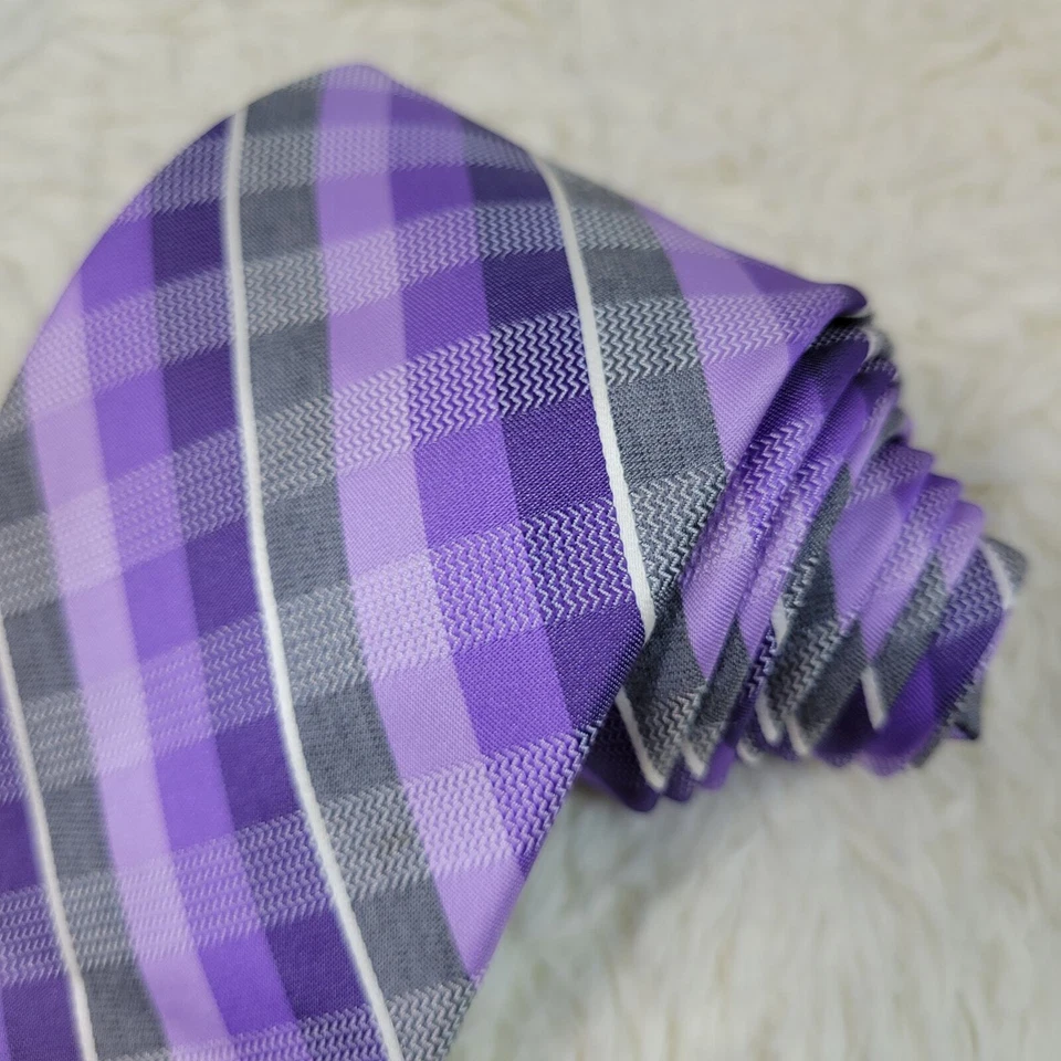 Van Heusen Check Necktie Men Purple Gray White Checkered Wedding Work Sharp Tie - Image 3 of 4