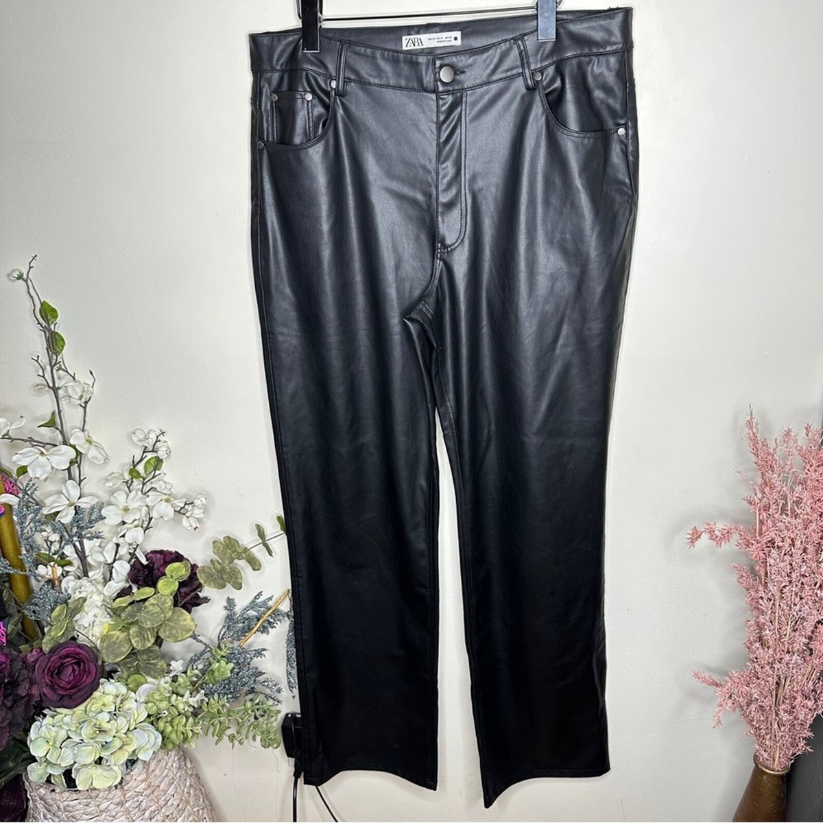 ZARA Faux Leather High Rise Straight Leg Pants Black {SS32}