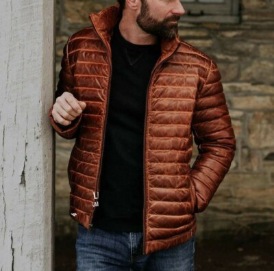 Men's Antique Brown Leather Jacket Puffer Fully Quilted Real Lambskin Jacket-059