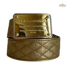 Authentic Dolce & Gabbana Gold Quilted Leather Gold Logo Plaque Belt Size 85/34