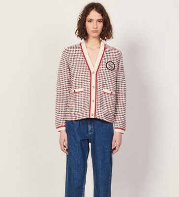 Sandro  Contrasting colors Plaid S badge Knitted Cardigan Coat