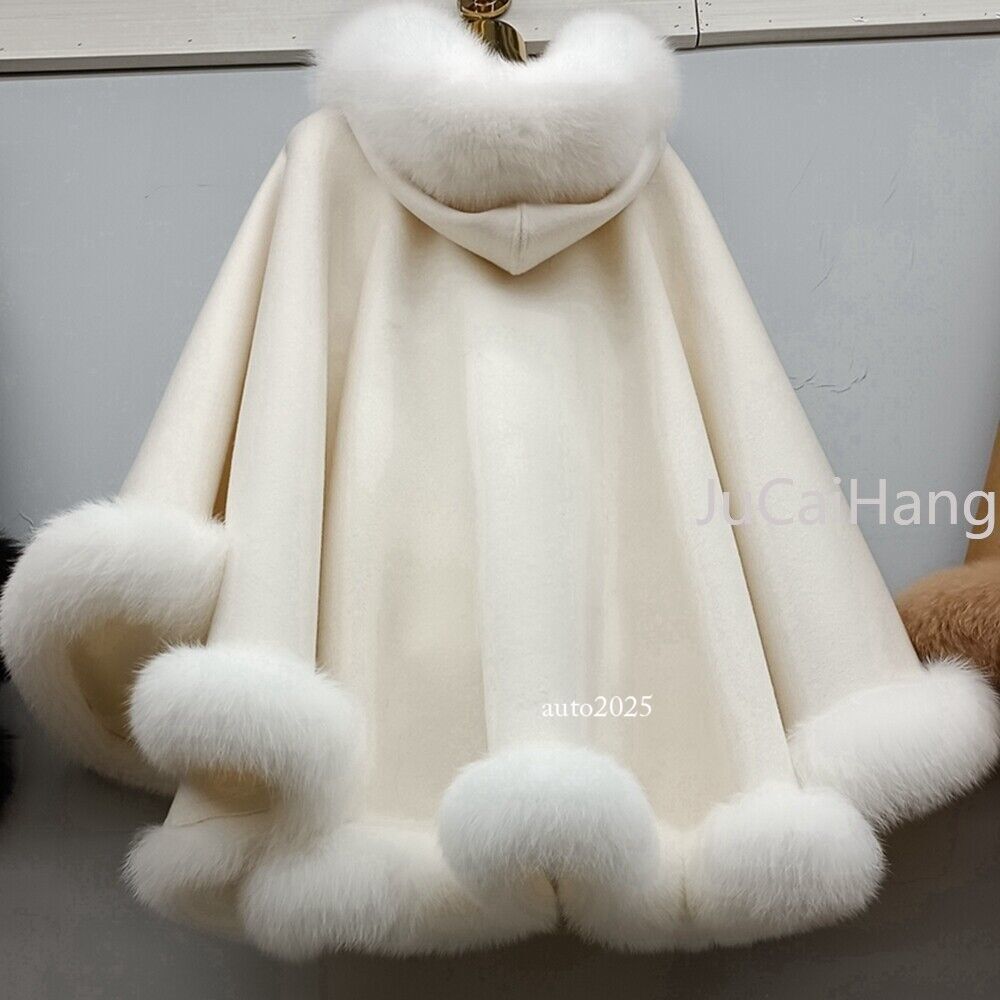 Women's Wool Cape Hooded Ponchos with Fox Fur Trim Around Shawls