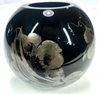 FENTON Signed Black Ebony Amethyst Shiny Bowl Vase Hand Painted Silver Poppies