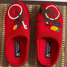 Haflinger Wool Slippers EU 38 Womens 7 Red Bicycle Embroidered Wool House Shoes