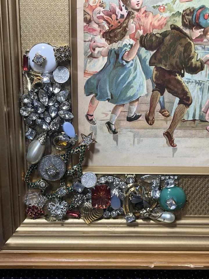 Винтажный рождественский художественный принт в рамке с бижутерией коллаж уникальный смешанные материалы - Изображение 4 из 4