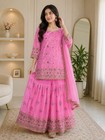 Women’s Pink Embroidered Sharara 3-Piece Outfit Set w/ Dupatta, Net — photo 2