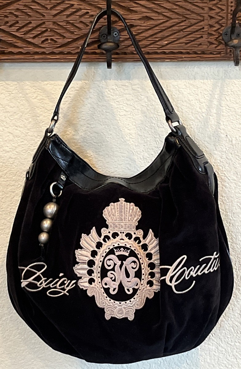 Vintage Y2K Juicy Couture Black Velour & Leather Hobo Style
