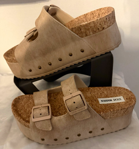 Steve Madden Women’s Beige Platform Slide Sandals Cork Footbed Double Buckle 9