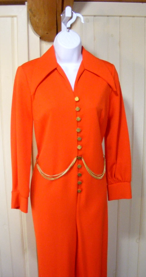 70S DISCO JUMPSUIT ORANGE POLYESTER ONE PIECE GOLD BELT VINTAGE 1970S FASHIONS S - Image 2 of 4
