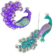 Kurt Adler Set 2 Peacock Ornament Plastic Green Purple Gold Christmas 4 - 7 Inch