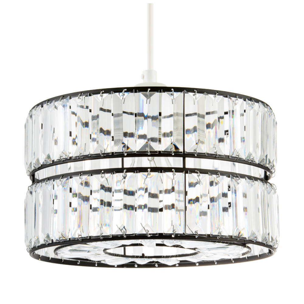 Chic Double Tier Black Pendant Light Shade with Rows of Acrylic Prisms by Hap...