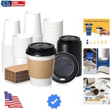 50 Pack 8 oz Disposable Coffee Cups with Lids, Sleeves, Leak-Proof To Go Coff...