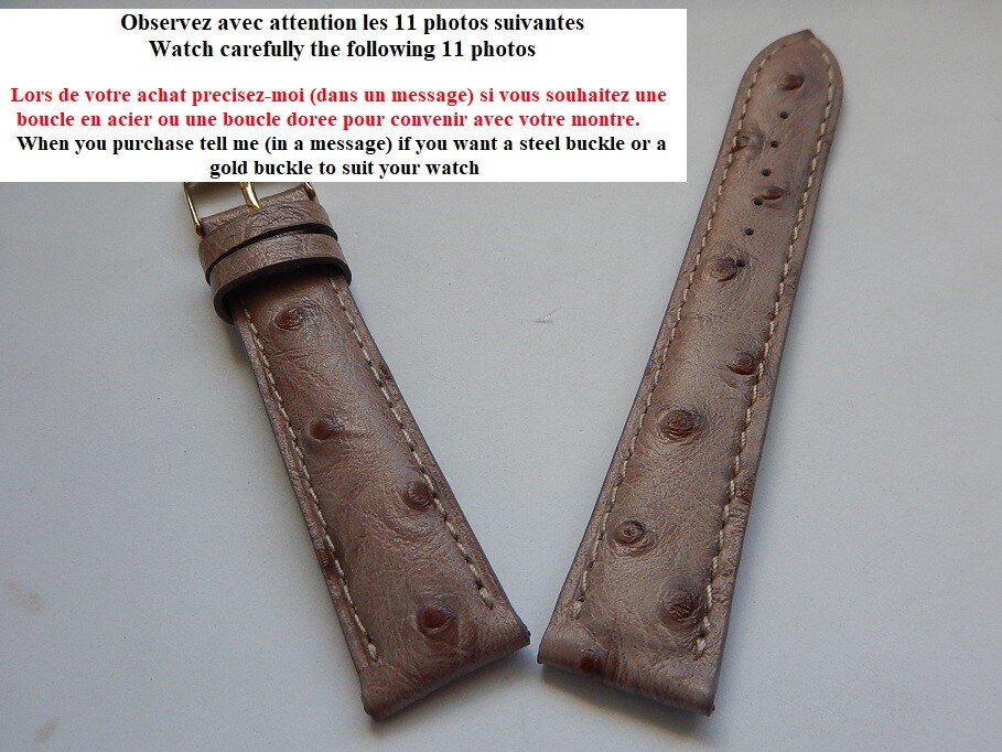 Bracelet Montre 16mm En Veau Véritable Façon Autruche Gris Taupe - Fait Main En France - Neuf