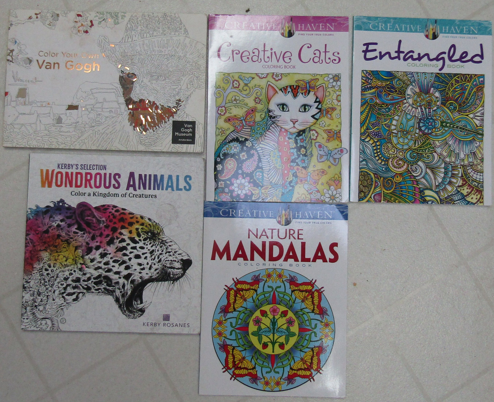Lot of 5 Adult Coloring Books Animals Van Gogh Cats Entangled Mandalas