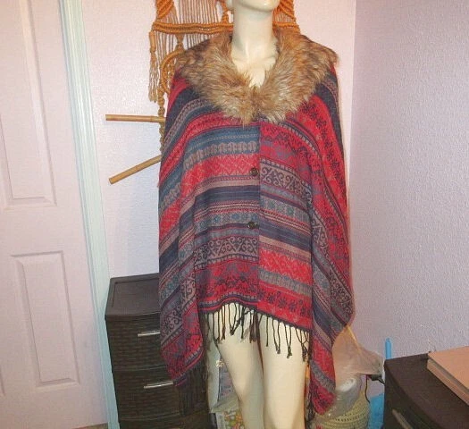 Patchwork Poncho Cape Faux Fur Collar Shawl Knit Cape Artsy Hippie Boho NWT
