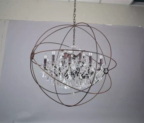 Foucault's Orb Clear K9 Crystal Chandelier Rustic Iron Globe Ceiling Lamp Light - Picture 10 of 13