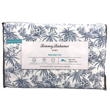 4pc Tommy Bahama Pen Ink Blue KING Sheet Set Hawaiian Palm Trees Plumeria