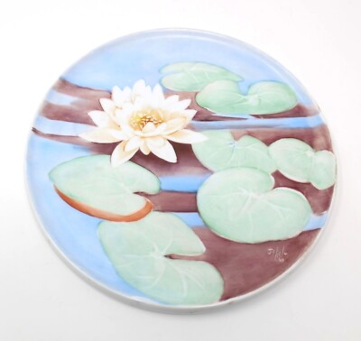 10'' PORCELAIN TRIVET UNDERPLATE  HAND PAINTED LOTUS SIGNED JEAN HELM