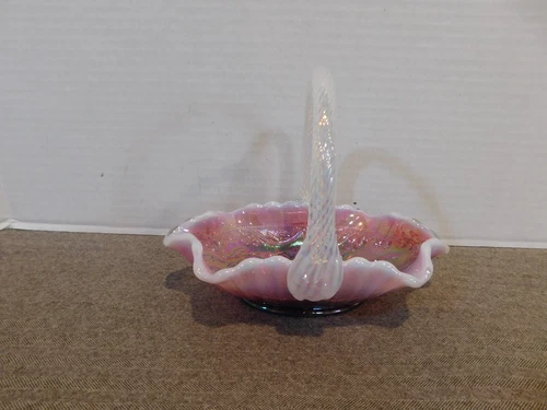 Fenton Glass Pink Ombre  Iridescent Opalescent Low Flower Basket Twisted Handle