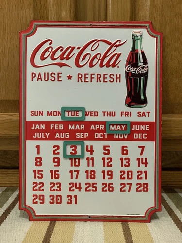 Coca Cola Calendar Metal Sign Yearly Coke Bottle Garage Vintage Style Wall Decor