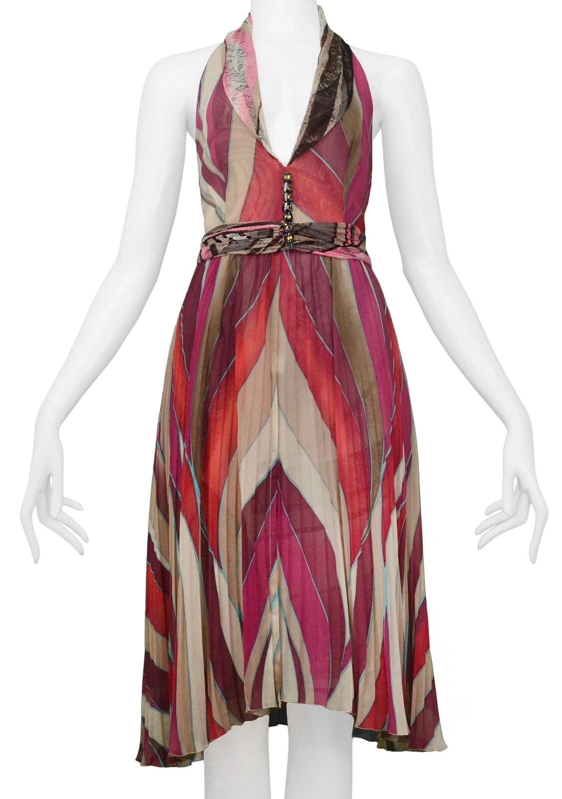 ABITO VINTAGE VERSACE ROSA ASTRATTA STAMPA CON PANNELLI IN PIZZO 2000