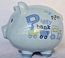 Carter's Child of Mine My First Piggy Bank Blue Ceramic Train Baby Nursery