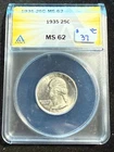 1935 WASHINGTON QUARTER ANACS MS 62 358