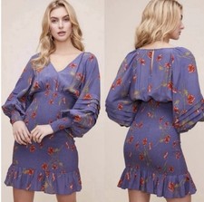 ASTR Dolman Smocked Long Sleeve Mini Dress Women M Floral Blue