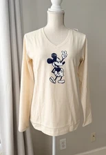 Life is Good Cream Long Sleeve V Neck Cotton Top w/ Mickey Mouse Peace Design S