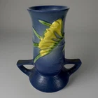 Vintage Roseville Pottery Freesia Blue Vase w/ Double Handles 7.5” 119-7 READ