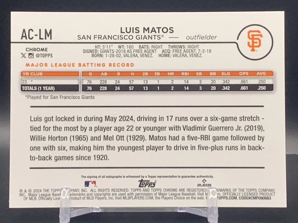 2024 Topps Chrome Luis Matos Rookie Auto Aqua Wave /199 - San Francisco Giants - Image 2 of 2