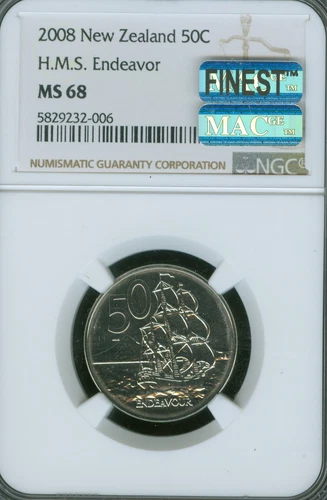 2008 NEW ZEALAND 50 CENTS NGC MS68 MAC FINEST SPOTLESS 2,631 MINTED *