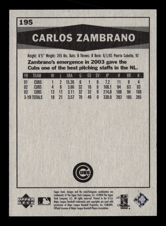 2004 Upper Deck Vintage Black and White Carlos Zambrano #195 Chicago Cubs - Image 2 of 2