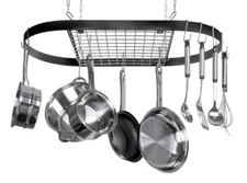Hanging Pot Rack • Oval Ceiling Mount Black/Silver Metal Pot Rack • New