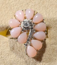 PERUVIAN PINK OPAL-PEAR SHAPE CABS-WHITE ZIRCON-SZ 6 RING-STERLING SILVER