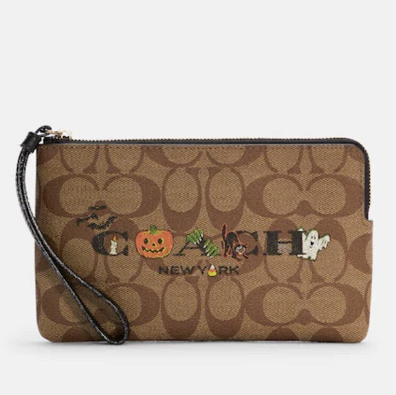 NWT HALLOWEEN COACH C6037 Large Corner Zip Wristlet In Khaki
