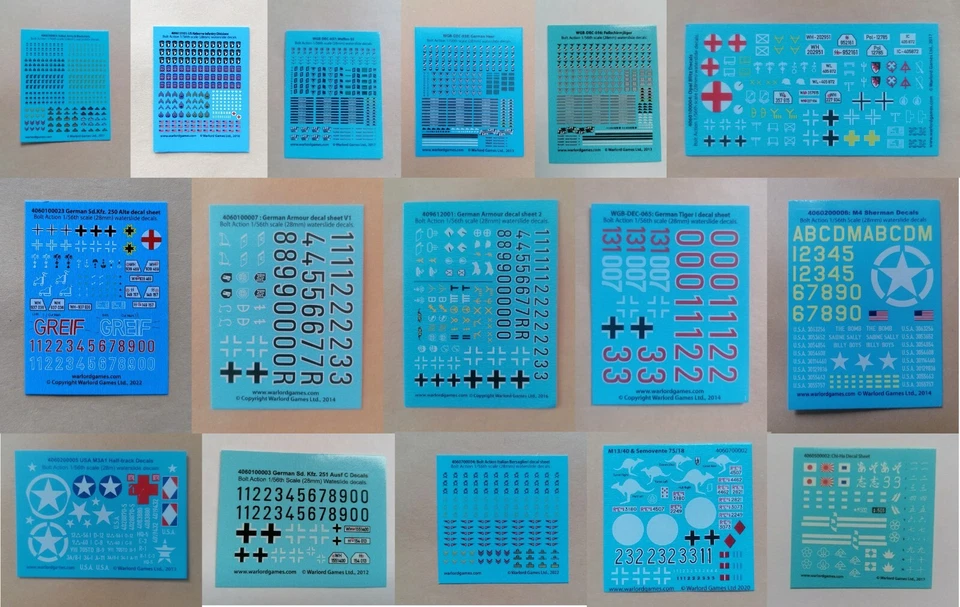 Bolt Action Decal Sheets - 28mm German British US Soviet Decals