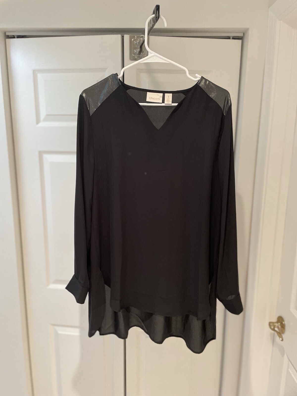 Chico’s Basic Black Button Up Blouse Foil Shoulde… - image 1
