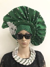 Aso Oke Auto Gele, Fan Gele, Green Auto Gele, African Head Gears, AutoGele