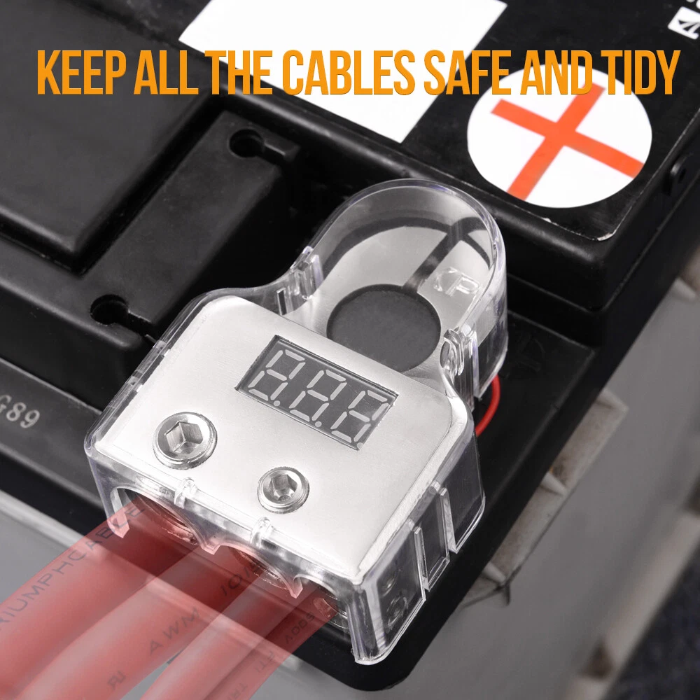  2X Digital Car Battery Terminal Connectors w/ Voltmeter Power Post 0/4/8 Gauge