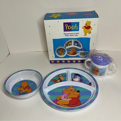 Vintage NEW Winnie the Pooh 3pc Zak Designs Plate Bowl Cup Dinnerware Set - Afbeelding 8 van 12