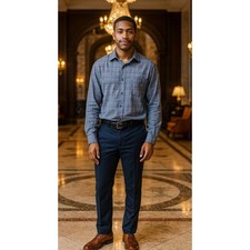 Tasso Elba Men  s Dress Shirt XXL Blue Grey Plaid Long Sleeve Button Front