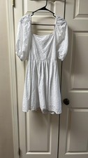 A New Day White Eyelet Mini Dress Smocked Back Detailing Puffed Sleeves Size M