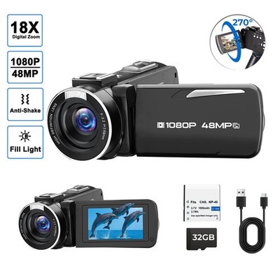 3'' 270° Videokamera 1080P 48MP Camcorder 18X Digitalzoom mit LED-Fülllicht 32GB